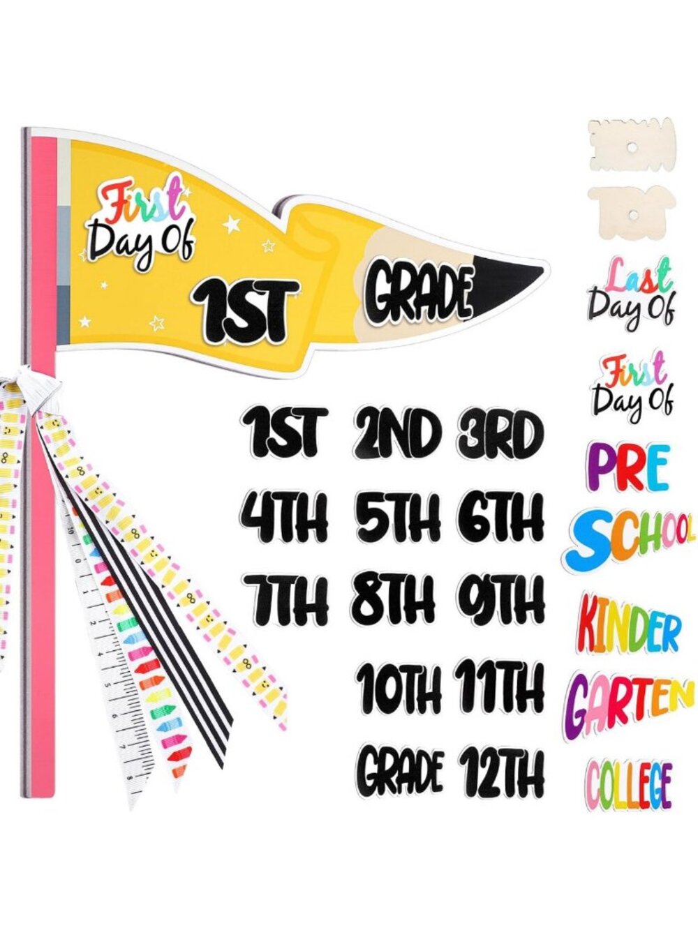 23 Pcs Pencil Style First & Last Day of School Wood Flag Kit - Fun Classroom